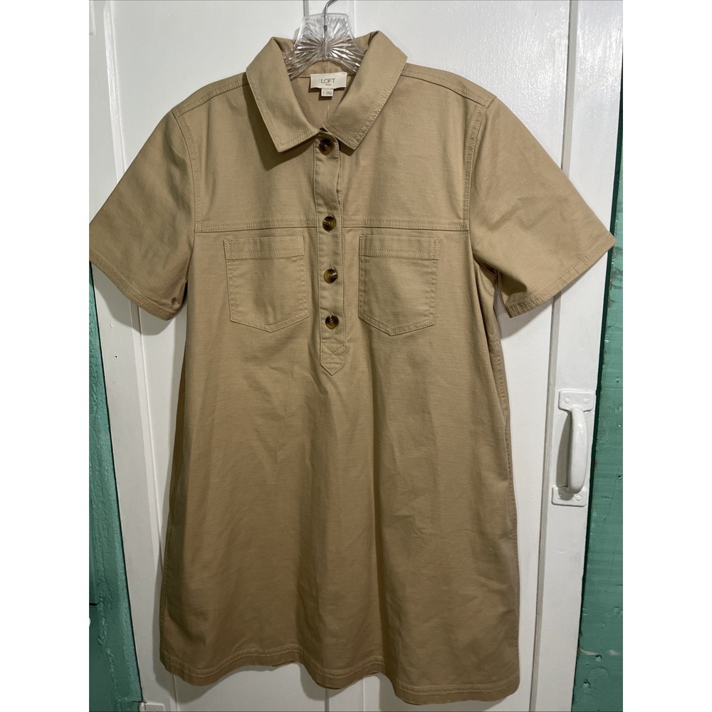 NWT LOFT outlet Women's Tan Khaki Button Down Utility Shirt Dress, size Small